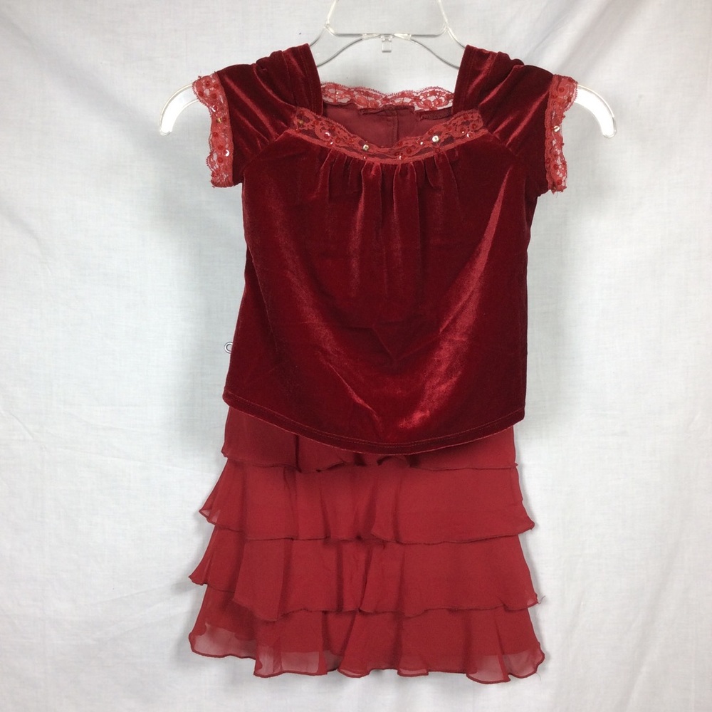 Hype Girl’s Burgundy 2 pc Top Velvet & Skirt